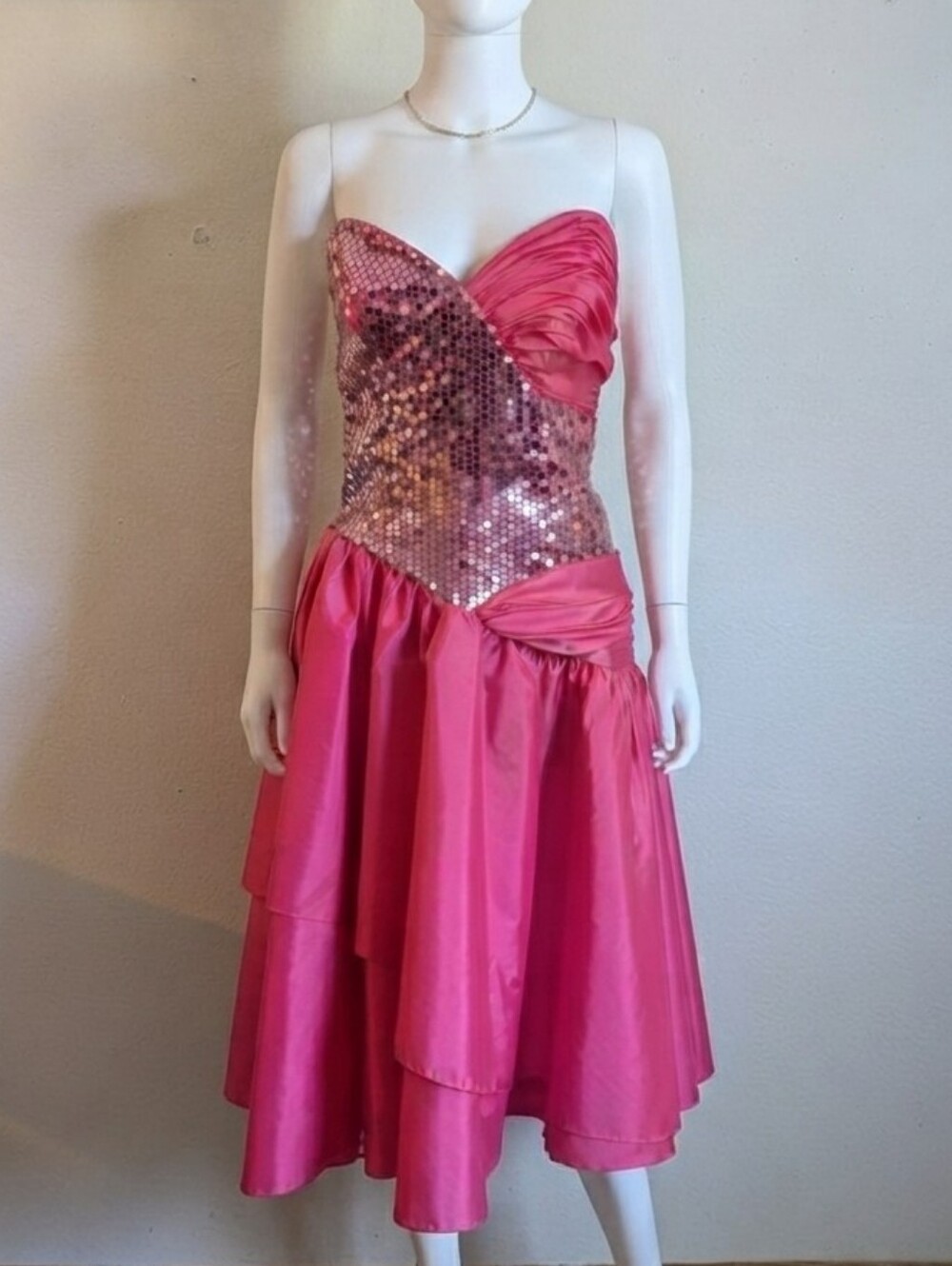 Vintage 80s Alyce Designs Hot Pink Sequin Drop Waist Prom Dress Size 12